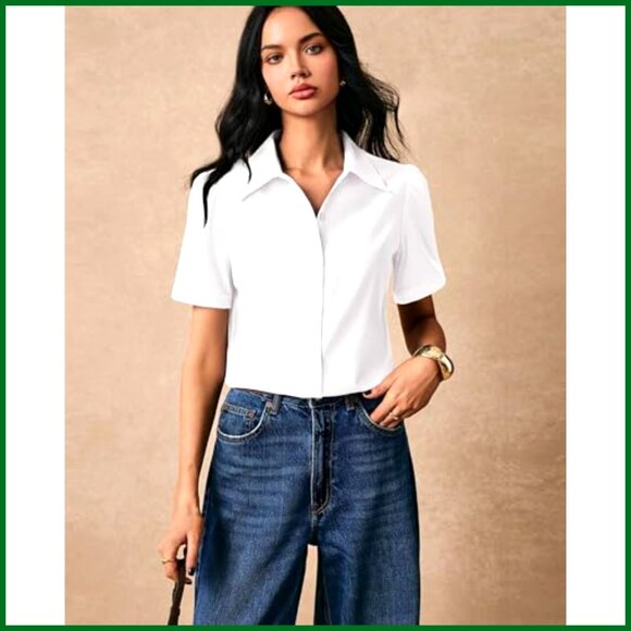 Puff Sleeve Button Down Blouse Fitted Work Top Classic Elegant Business Chic - Picture 2 of 5